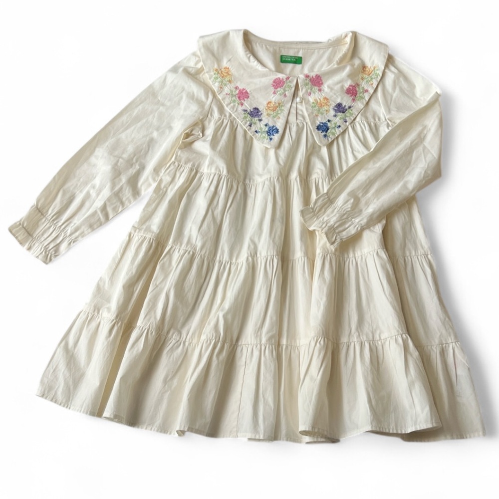 Vintage Benetton 100%COTTON Cross Stitch SPREAD COLLAR DRESS Girl L